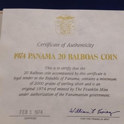 1974 Panama 20 Balboas 2000 Grain Sterling Silver .925 Proof Coin Franklin Mint with C.O.A. (#39)