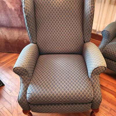 Lot #139 Lane Recliner - upholstered, Queen Anne style Wingback.