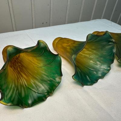 Three Vintage Amber, Green Lily Lamp Shades (See Description)