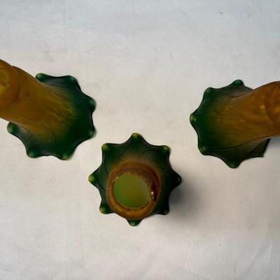 Three Vintage Amber, Green Lily Lamp Shades (See Description)
