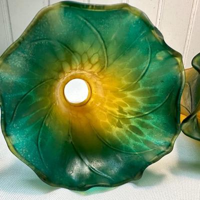 Three Vintage Amber, Green Lily Lamp Shades (See Description)