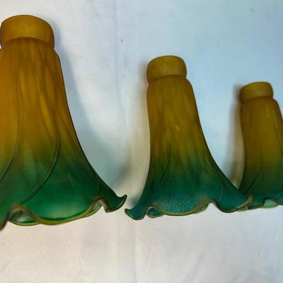 Three Vintage Amber, Green Lily Lamp Shades (See Description)