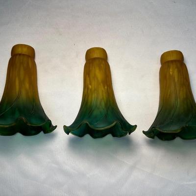 Three Vintage Amber, Green Lily Lamp Shades (See Description)