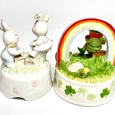 Vintage See Saw Bunnies and Leprechaun Music Boxes