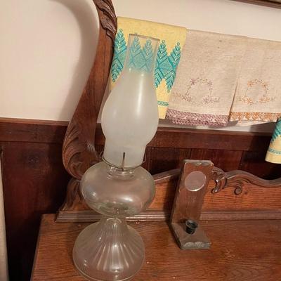 Primitive Oak Washstand with Two Oil Lamps & Candle Holder