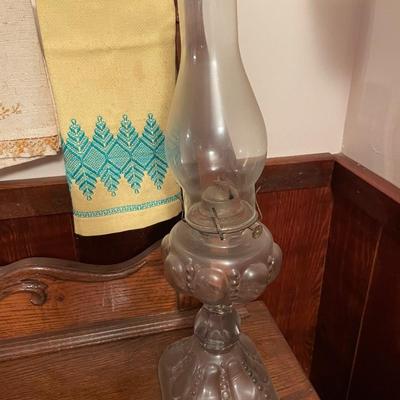 Primitive Oak Washstand with Two Oil Lamps & Candle Holder