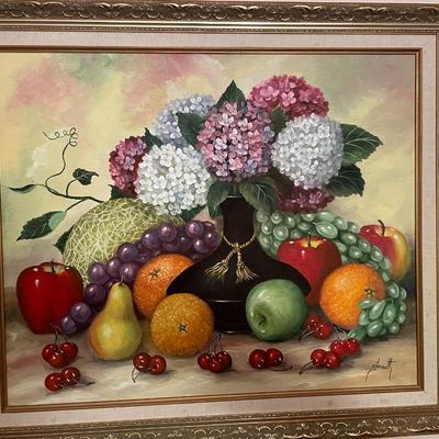 Framed Oil on Canvas Fruit and Floral Painting; Signed O. Farrnet