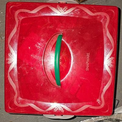 Large snapware storage with christmas decorations