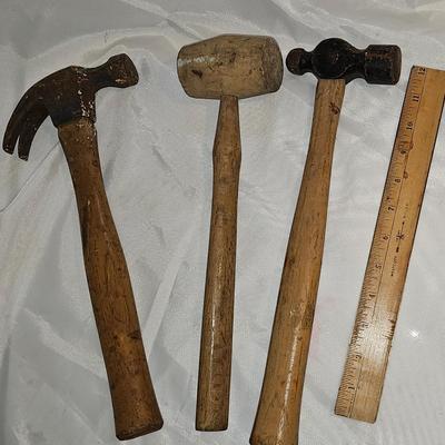 3 vintage hammers with wood handles