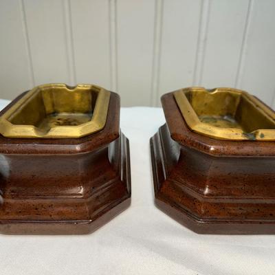 Two Wood & Removable Solid Brass Ashtrays (2)