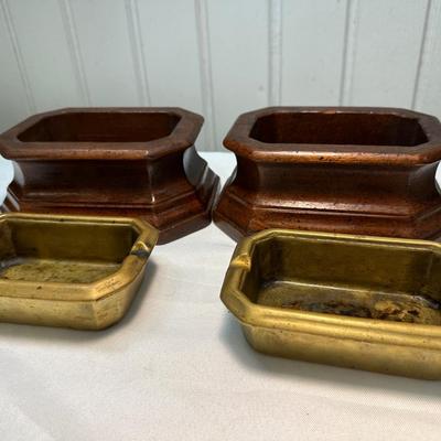 Two Wood & Removable Solid Brass Ashtrays (2)