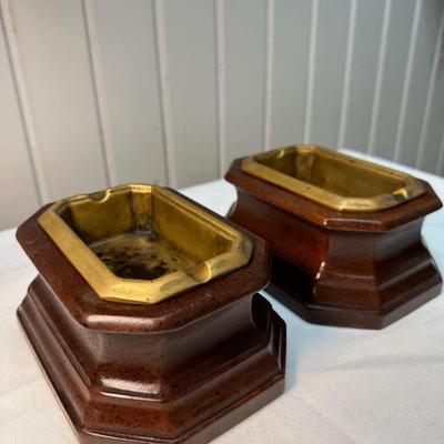 Two Wood & Removable Solid Brass Ashtrays (2)