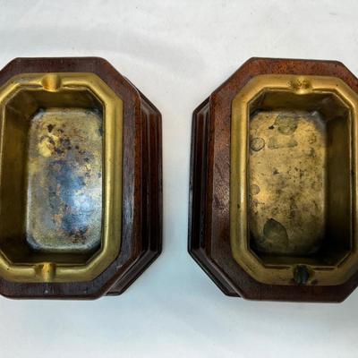 Two Wood & Removable Solid Brass Ashtrays (2)