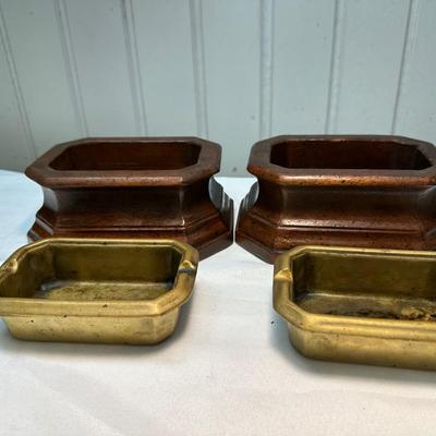 Two Wood & Removable Solid Brass Ashtrays (2)