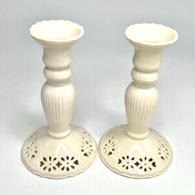 Set of 2 Skye McGhie Cream Lace Porcelain Candle Stick Holders