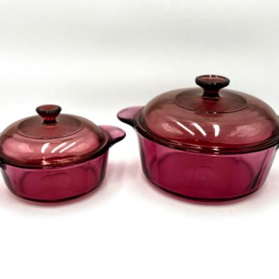 Set of 2 Cranberry Corning Ware Visions Casserole Dishes with Lids #1156 and #1174
