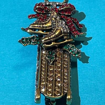 Vintage Christmas Sled Rhinestone Fashion Pin or Pendant on/24" Chain in VG Preowned Condition.