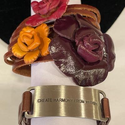 Leather flower bracelet and inspirational saying bracelet