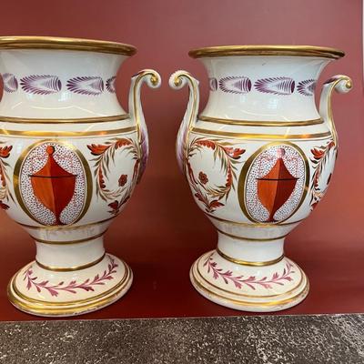 A PAIR OF ANTIQUE COALPORT ENGLISH PORCELAIN URNS