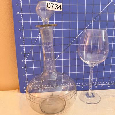 5 IC Inn Crystal Wine Glasses + Etched Antique Decanter