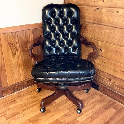 FAIRFIELD CHAIR CO. ~ Hurwitz Mintz ~ Black Leather Tufted Office Chair ~ With Nailhead Trim