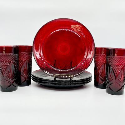 LUMINARC ~ Cristal Dâ€™ Arques ~ Ruby Red Glass 2 Piece Place Setting For 4