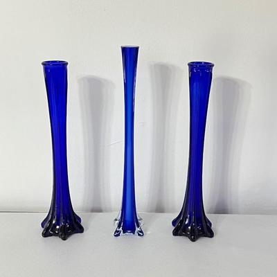 Eleven (11) Assorted Blue Glass Vases
