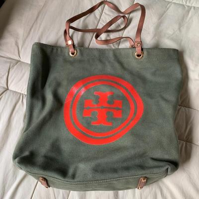 Tory Burch Red Logo Army Olive Green Canvas Tote Bag