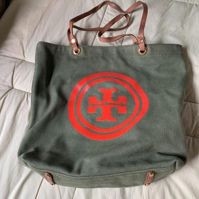 Tory Burch Red Logo Army Olive Green Canvas Tote Bag