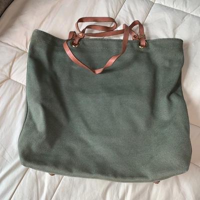 Tory Burch Red Logo Army Olive Green Canvas Tote Bag