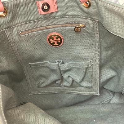Tory Burch Red Logo Army Olive Green Canvas Tote Bag