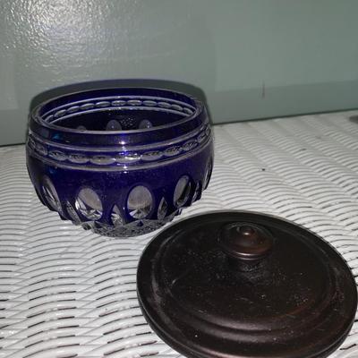 Cut to clear cobalt blue crystal glass Jar with metal lid