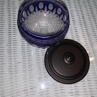 Cut to clear cobalt blue crystal glass Jar with metal lid