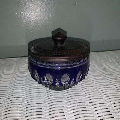 Cut to clear cobalt blue crystal glass Jar with metal lid
