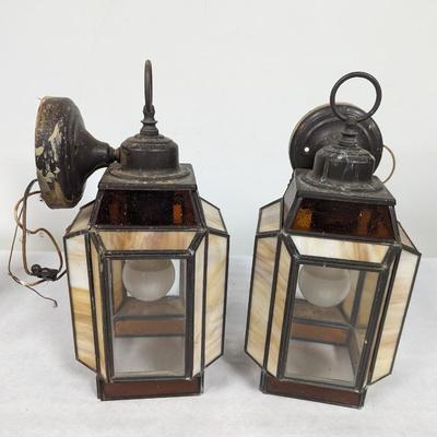 Pair of Stained-Glass Wall Sconce Electric Lanterns