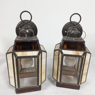 Pair of Stained-Glass Wall Sconce Electric Lanterns