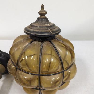 Vintage Caged Amber Glass Blown Lamp Shade Wall Sconce Electric Lamp