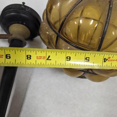 Vintage Caged Amber Glass Blown Lamp Shade Wall Sconce Electric Lamp