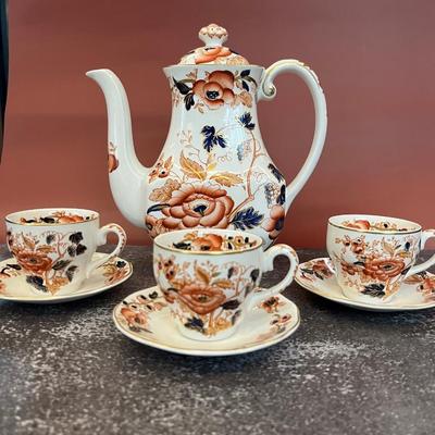 ANTIQUE ENOCH WEDGWOOD OLD CASTLE IMARI COFFEE POT WITH THREE CUPS AND SAUCERS, CIRCA 1900