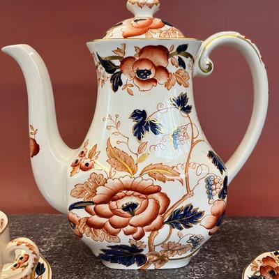 ANTIQUE ENOCH WEDGWOOD OLD CASTLE IMARI COFFEE POT WITH THREE CUPS AND SAUCERS, CIRCA 1900