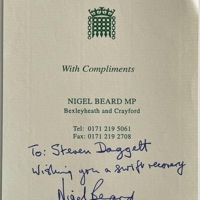 Member of Parliament Nigel Beard signed note