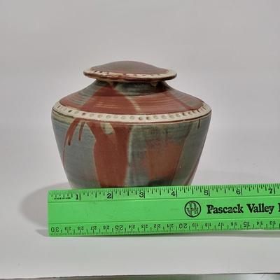 Handmade, signed, pottery urn or ginger jar.