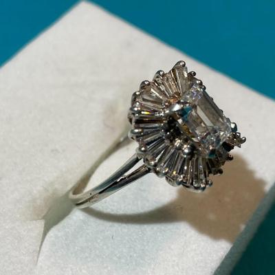 Vintage Sterling Silver Emerald Cut CZ Ballerina Ring Size Full 7-3/4 in VG Preowned Condition as Pictured.