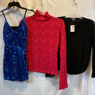 NEW black Charlotte Russe, Forenze red top, blue glitzy dress S