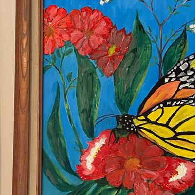 Framed Floral and Butterfly Painting