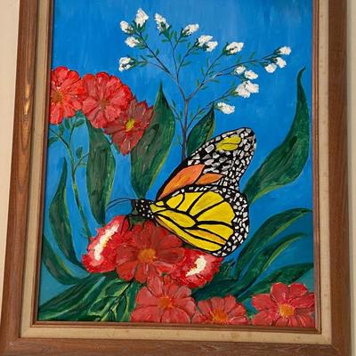 Framed Floral and Butterfly Painting