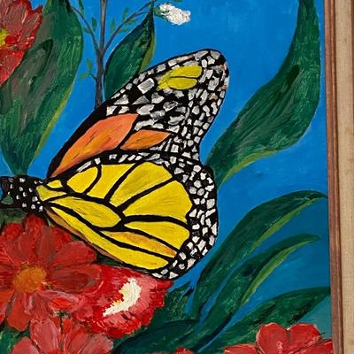 Framed Floral and Butterfly Painting