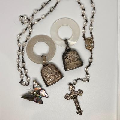 Vintage Sterling Silver Baby Rattles, Pin & Crucifix