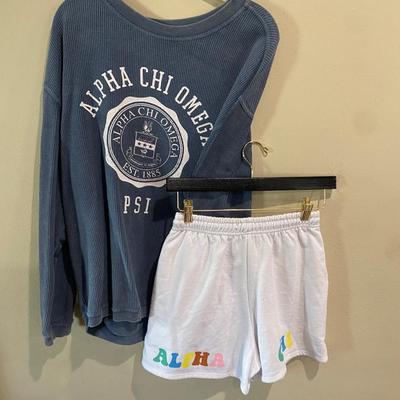 Alpha Chi Omega sweatshorts (XS) and shirt (medium)