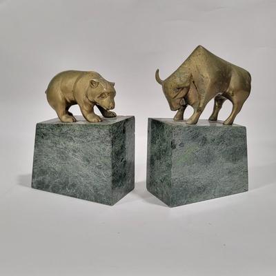 Vintage Gatco Solid Brass Bear, Bull statuary book ends